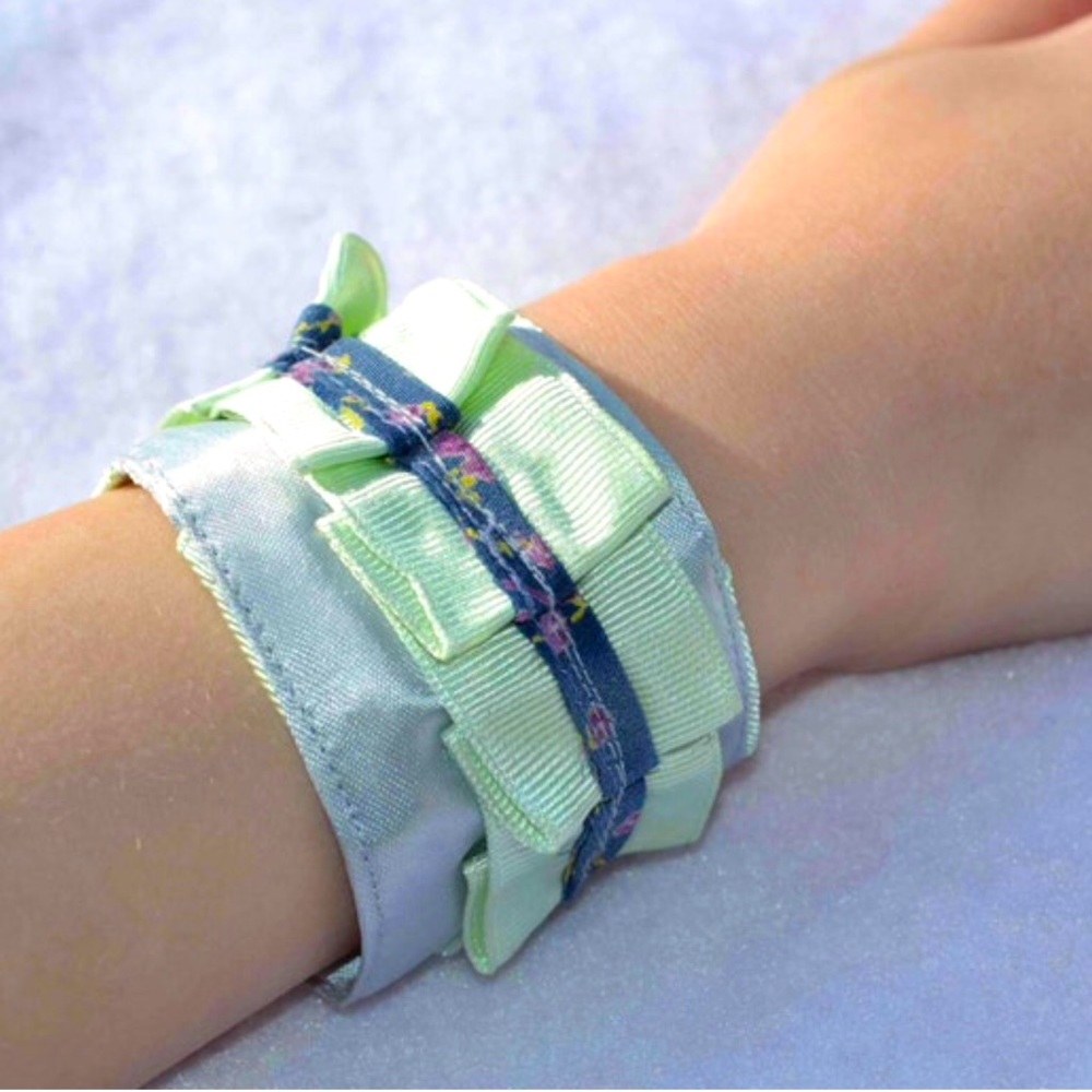 Reversible handmade satin silver mint ribbon fabric cuff bracelet tween